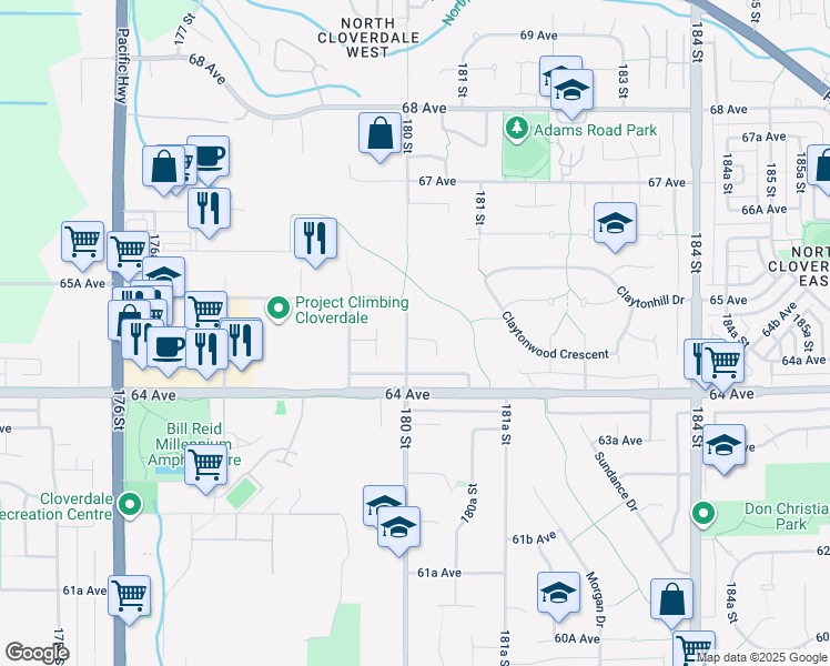 map of restaurants, bars, coffee shops, grocery stores, and more near 18007 64A ave in Surrey