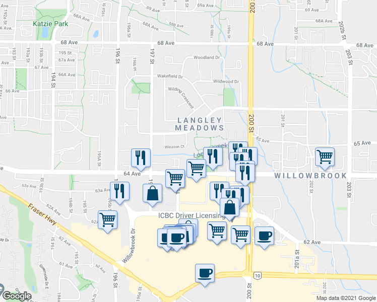 map of restaurants, bars, coffee shops, grocery stores, and more near 2118 Winston Court in Langley