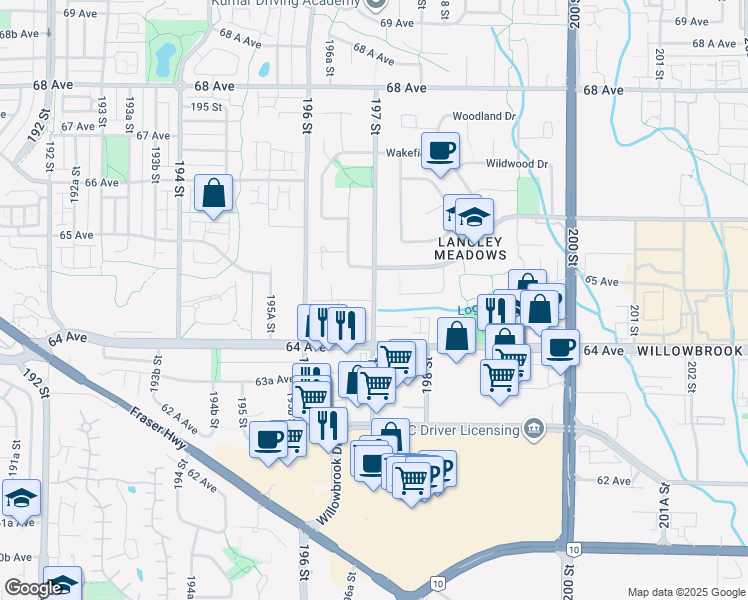 map of restaurants, bars, coffee shops, grocery stores, and more near 197 Street in Langley