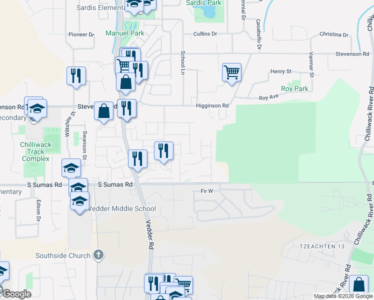 map of restaurants, bars, coffee shops, grocery stores, and more near 6517 Lavender Place in Chilliwack