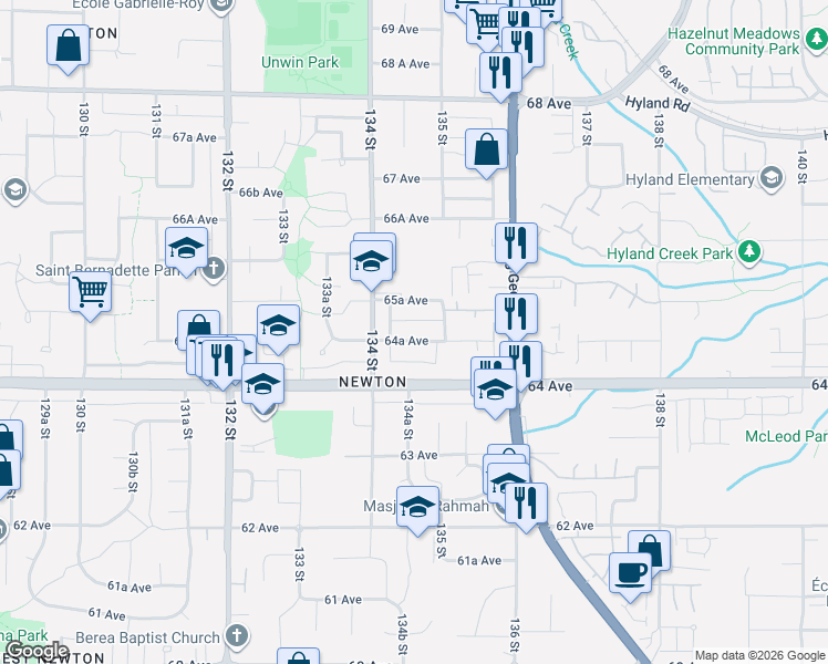 map of restaurants, bars, coffee shops, grocery stores, and more near 13459 64A Avenue in Surrey