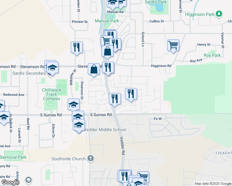 map of restaurants, bars, coffee shops, grocery stores, and more near 45748 Safflower Crescent in Chilliwack