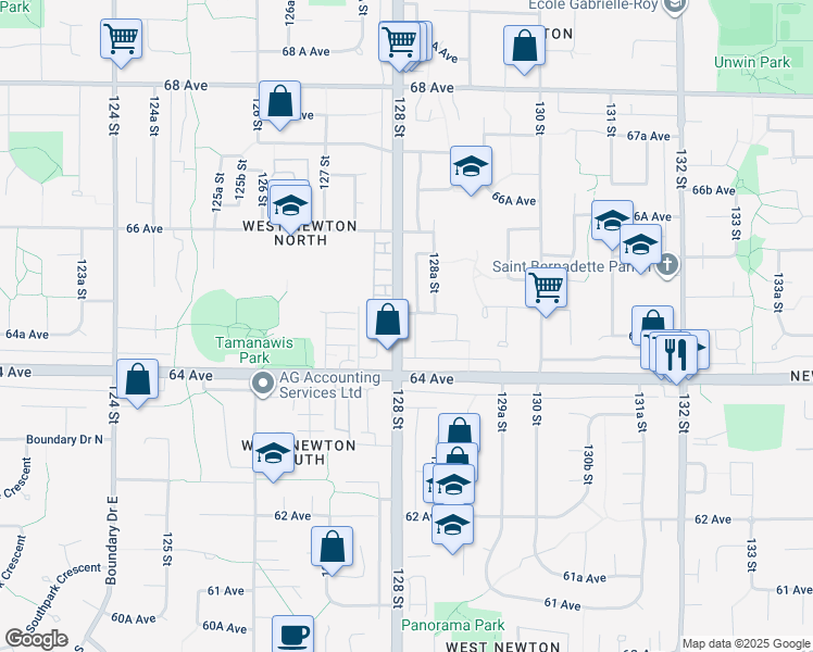 map of restaurants, bars, coffee shops, grocery stores, and more near 6470 128 Street in Surrey