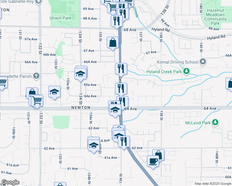 map of restaurants, bars, coffee shops, grocery stores, and more near 6475 King George Boulevard in Surrey