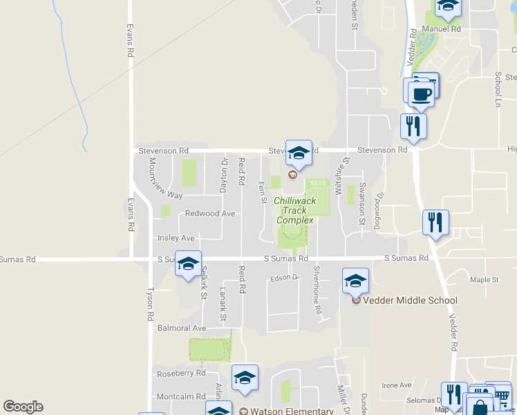 map of restaurants, bars, coffee shops, grocery stores, and more near 6513 Fern Street in Chilliwack
