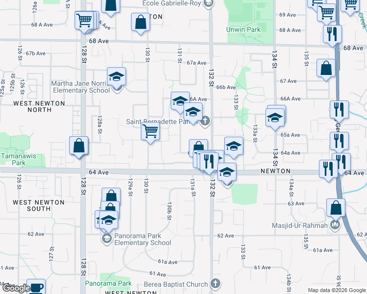 map of restaurants, bars, coffee shops, grocery stores, and more near 6474 131 Street in Surrey