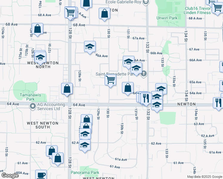 map of restaurants, bars, coffee shops, grocery stores, and more near 6470 130 Street in Surrey