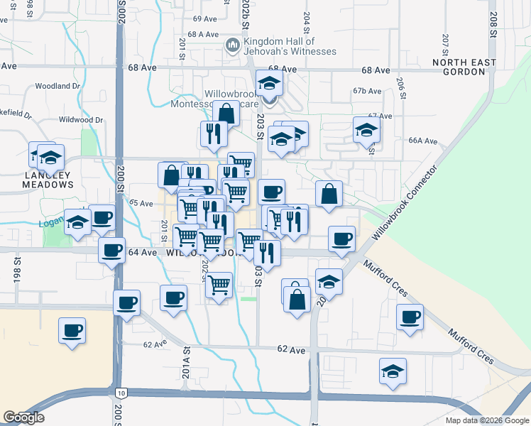 map of restaurants, bars, coffee shops, grocery stores, and more near 20338 65 Avenue in Langley