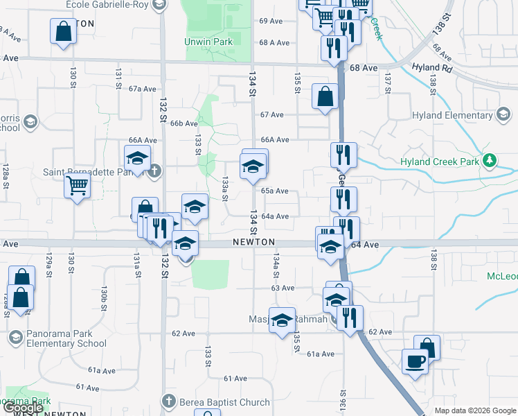 map of restaurants, bars, coffee shops, grocery stores, and more near 6484 134 Street in Surrey