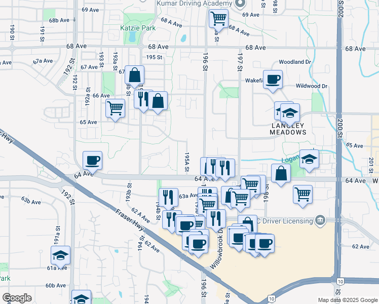map of restaurants, bars, coffee shops, grocery stores, and more near in Surrey