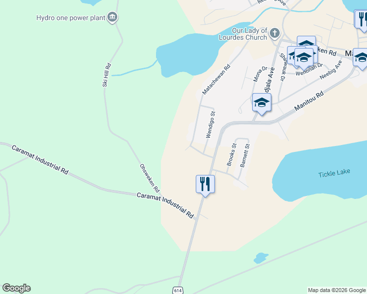 map of restaurants, bars, coffee shops, grocery stores, and more near 82 Matachewan Road in Manitouwadge