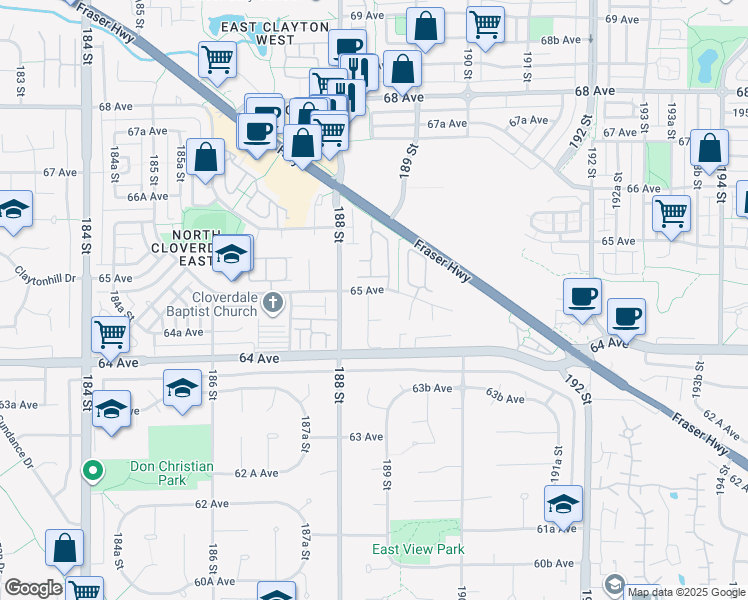 map of restaurants, bars, coffee shops, grocery stores, and more near 6490 188A Street in Surrey