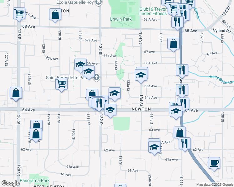 map of restaurants, bars, coffee shops, grocery stores, and more near 13277 64A Avenue in Surrey