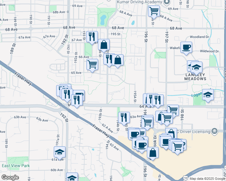 map of restaurants, bars, coffee shops, grocery stores, and more near 6490 194 Street in Surrey