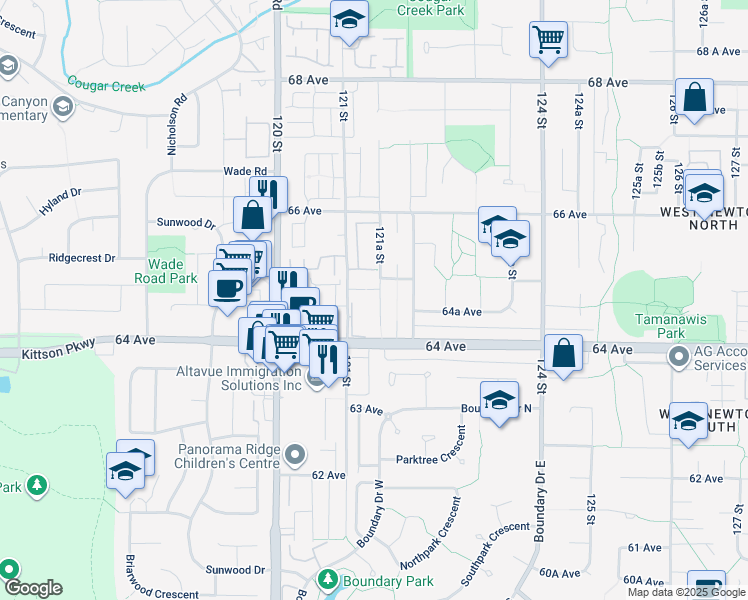 map of restaurants, bars, coffee shops, grocery stores, and more near 6475 121A Street in Surrey