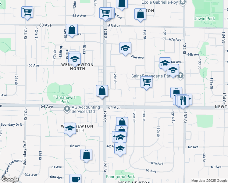 map of restaurants, bars, coffee shops, grocery stores, and more near 12848 65 Avenue in Surrey