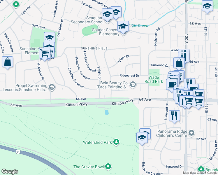 map of restaurants, bars, coffee shops, grocery stores, and more near 6457 Summit Crescent in Delta