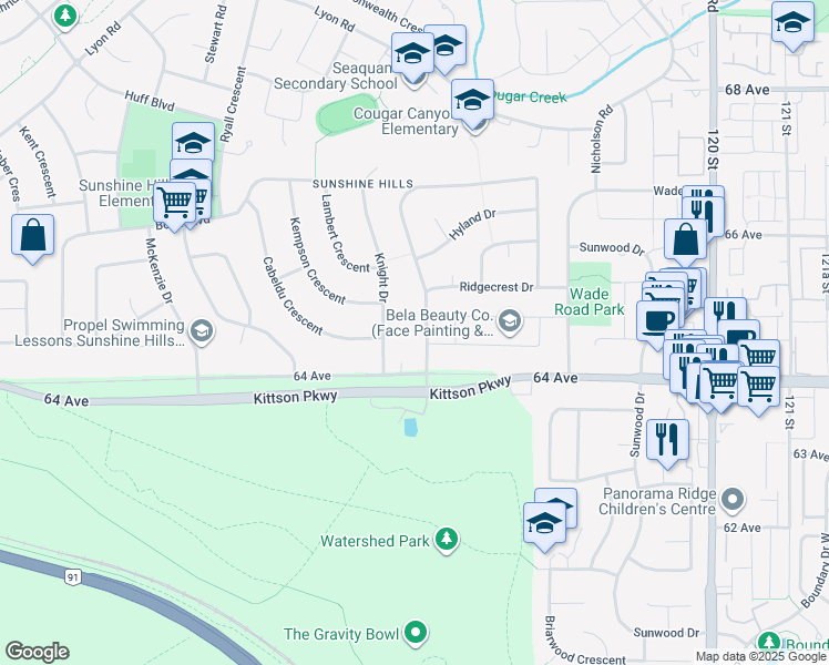 map of restaurants, bars, coffee shops, grocery stores, and more near 6457 Summit Crescent in Delta