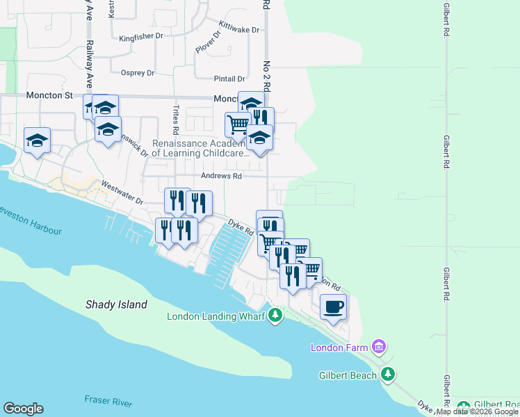 map of restaurants, bars, coffee shops, grocery stores, and more near 12633 Number 2 Road in Richmond