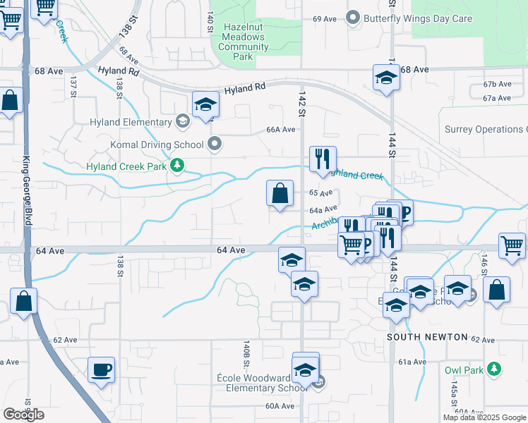 map of restaurants, bars, coffee shops, grocery stores, and more near 6453 141A Street in Surrey