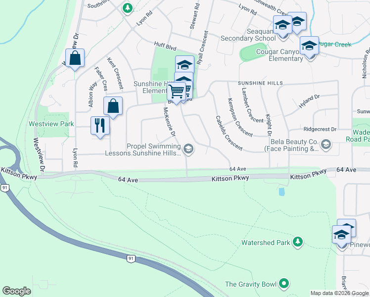 map of restaurants, bars, coffee shops, grocery stores, and more near 6460 McKenzie Drive in Delta