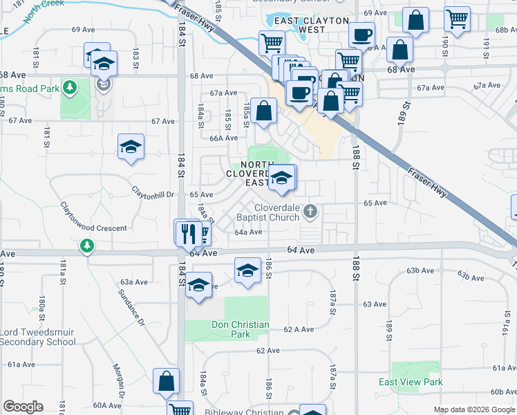 map of restaurants, bars, coffee shops, grocery stores, and more near 6495 186 Street in Surrey