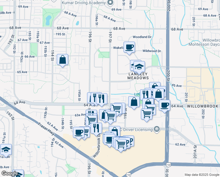 map of restaurants, bars, coffee shops, grocery stores, and more near 6480 197 Street in Langley
