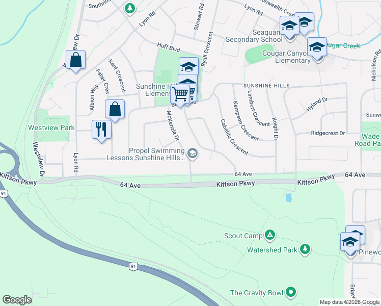 map of restaurants, bars, coffee shops, grocery stores, and more near 6460 McKenzie Drive in Delta
