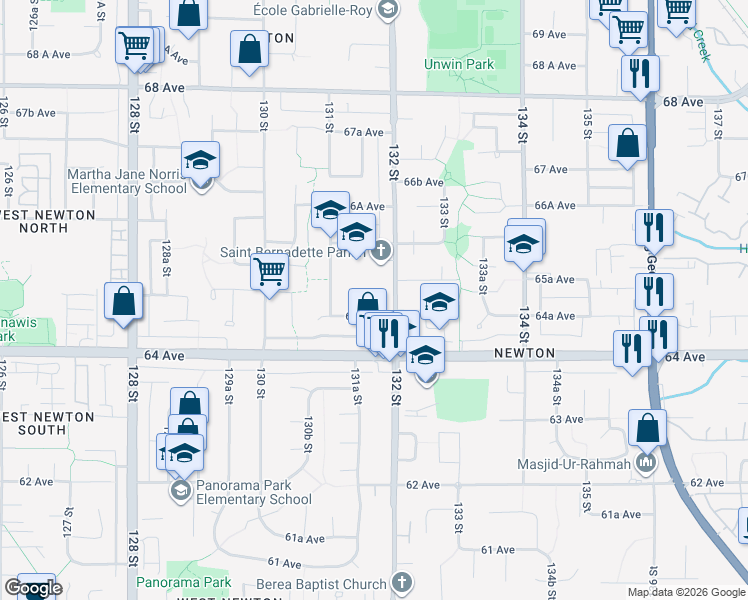 map of restaurants, bars, coffee shops, grocery stores, and more near 6474 131A Street in Surrey
