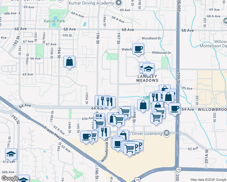 map of restaurants, bars, coffee shops, grocery stores, and more near 6467 197 Street in Langley Township