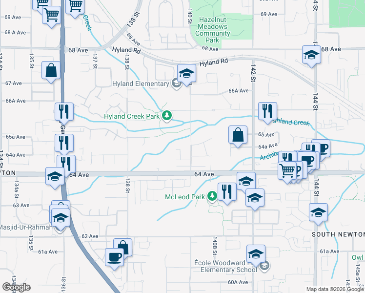 map of restaurants, bars, coffee shops, grocery stores, and more near 6488 139A Street in Surrey