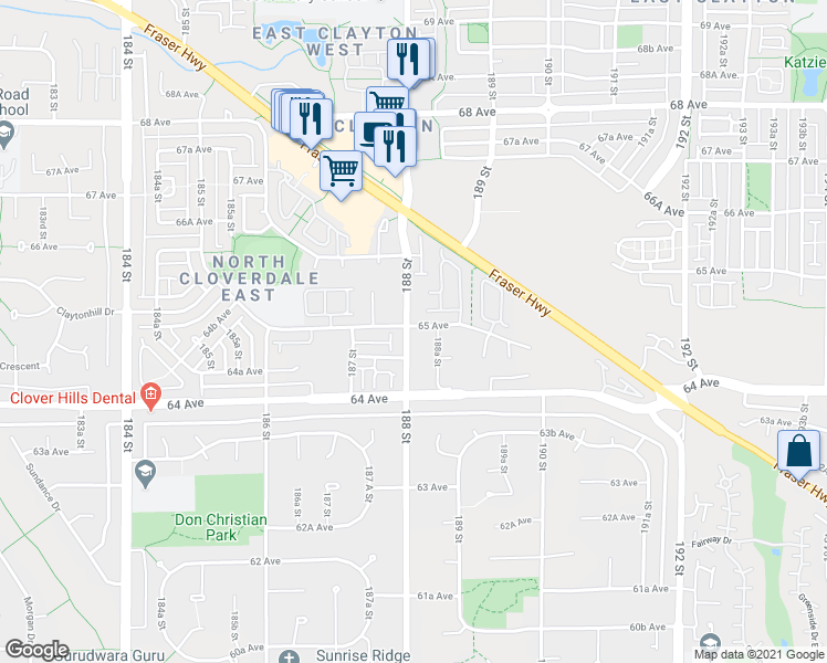 map of restaurants, bars, coffee shops, grocery stores, and more near 18810 65 Avenue in Surrey