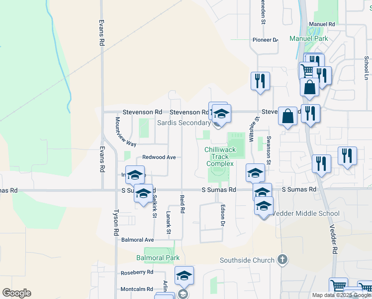 map of restaurants, bars, coffee shops, grocery stores, and more near 6522 Reid Road in Chilliwack