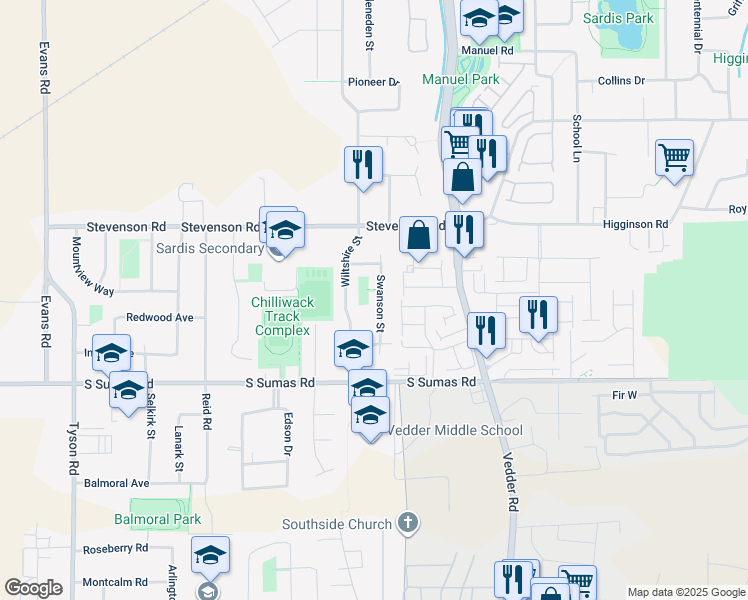 map of restaurants, bars, coffee shops, grocery stores, and more near 6527 Swanson Street in Chilliwack