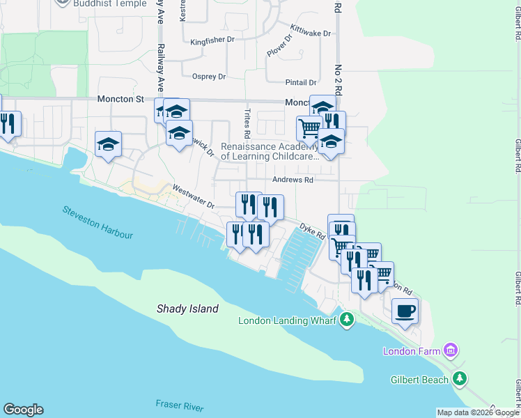 map of restaurants, bars, coffee shops, grocery stores, and more near 5500 Andrews Road in Richmond