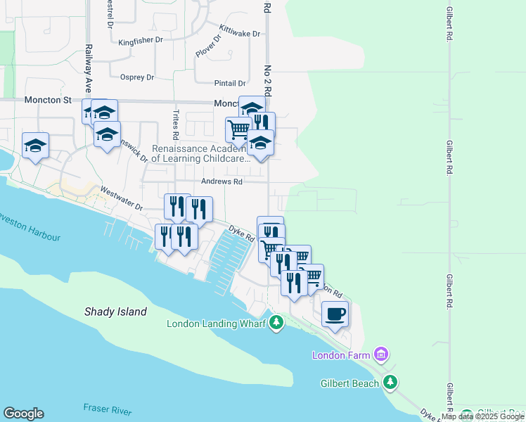 map of restaurants, bars, coffee shops, grocery stores, and more near 12633 Number 2 Road in Richmond