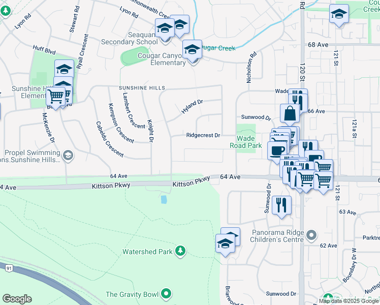 map of restaurants, bars, coffee shops, grocery stores, and more near 11654 64B Avenue in Delta
