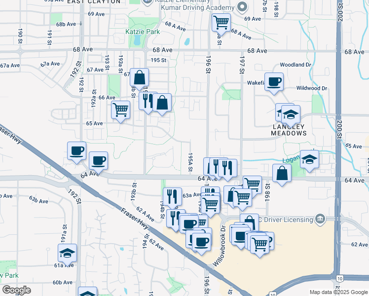 map of restaurants, bars, coffee shops, grocery stores, and more near 19530 65 Avenue in Surrey