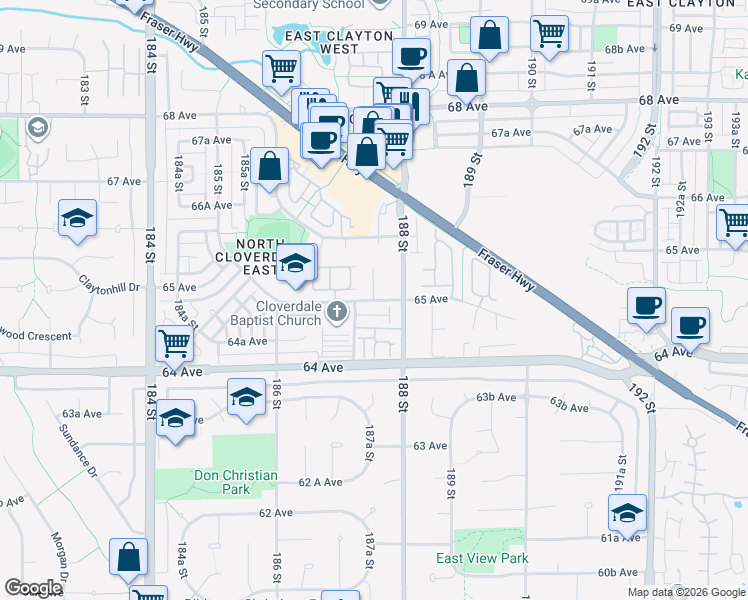 map of restaurants, bars, coffee shops, grocery stores, and more near 189 65 Avenue in Surrey