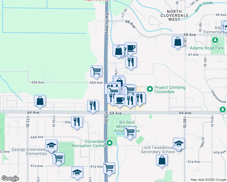 map of restaurants, bars, coffee shops, grocery stores, and more near in Surrey