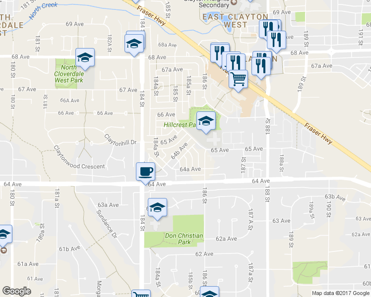 map of restaurants, bars, coffee shops, grocery stores, and more near 6470 185A Street in Surrey