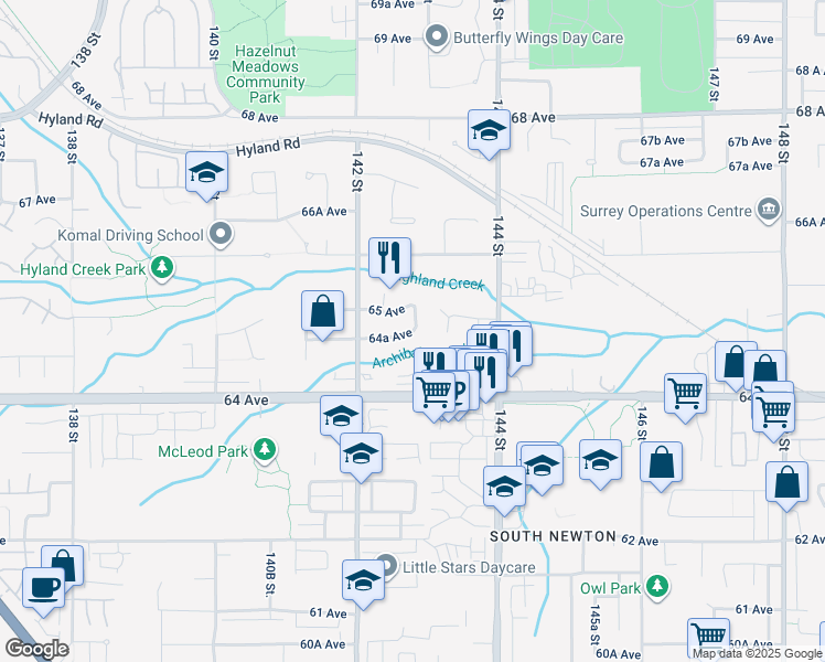 map of restaurants, bars, coffee shops, grocery stores, and more near 5993 143 Street in Surrey
