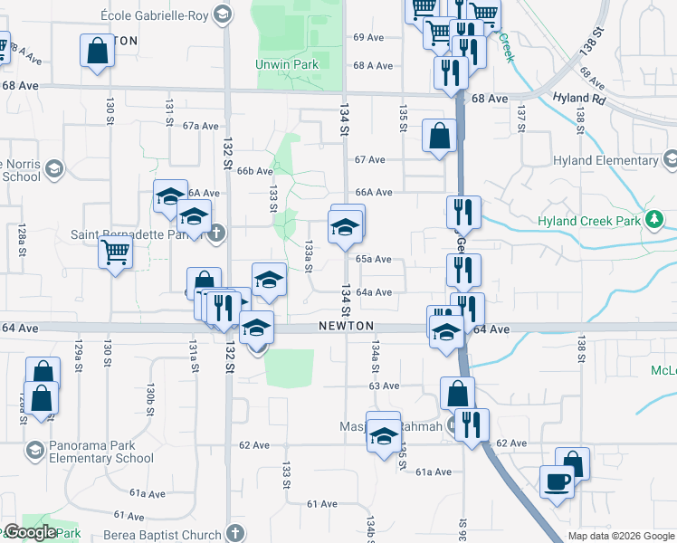 map of restaurants, bars, coffee shops, grocery stores, and more near 6507 134 Street in Surrey