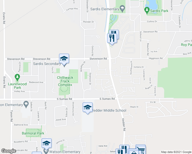 map of restaurants, bars, coffee shops, grocery stores, and more near 6512 Dogwood Drive in Chilliwack