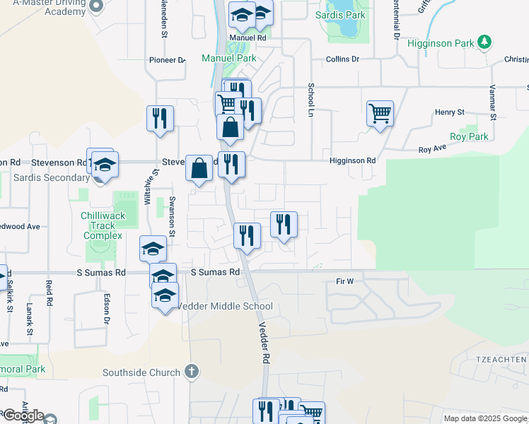 map of restaurants, bars, coffee shops, grocery stores, and more near in Chilliwack
