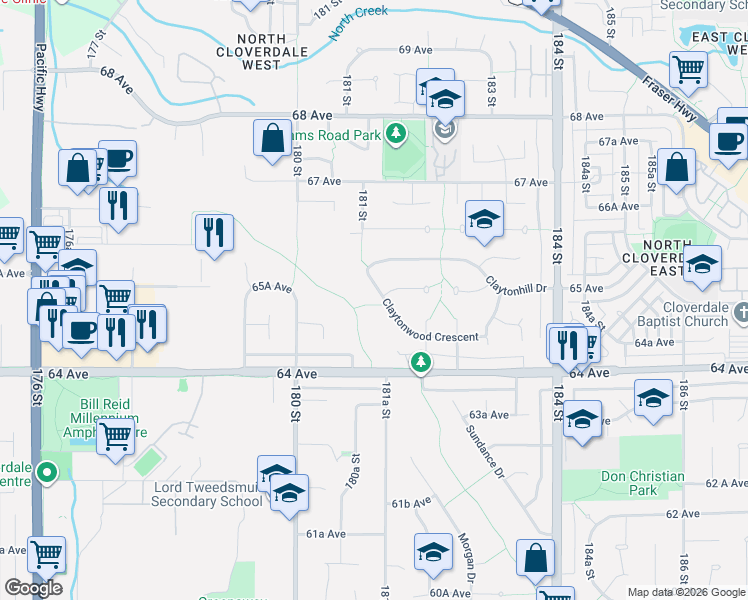 map of restaurants, bars, coffee shops, grocery stores, and more near 18156 Claytonwood Crescent in Surrey