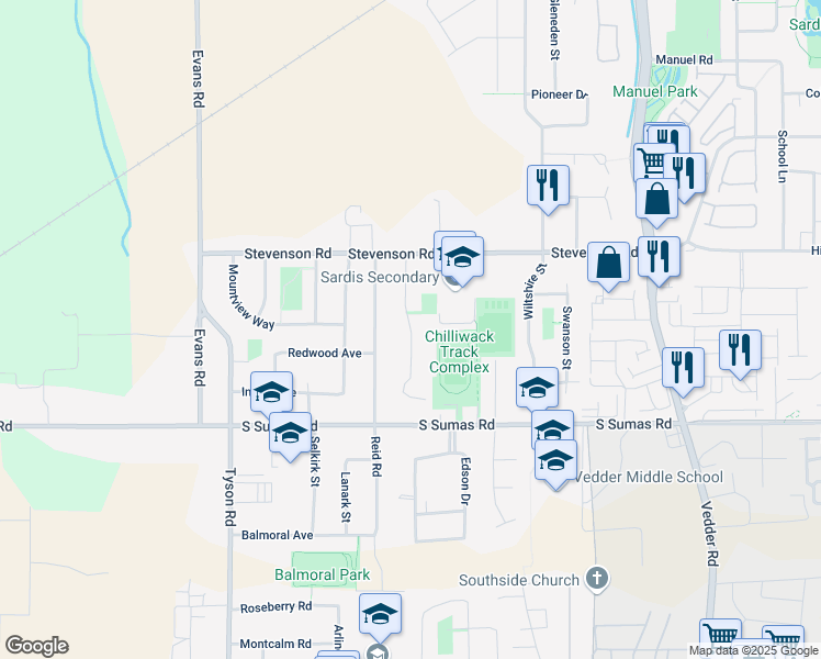 map of restaurants, bars, coffee shops, grocery stores, and more near Fern Street in Chilliwack