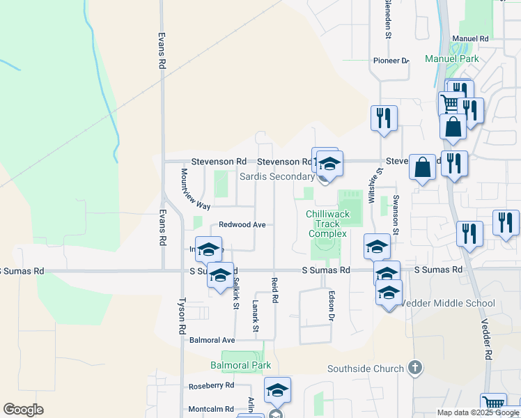 map of restaurants, bars, coffee shops, grocery stores, and more near 6532 Dayton Drive in Chilliwack