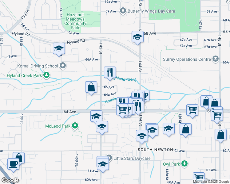map of restaurants, bars, coffee shops, grocery stores, and more near 14250 64A Avenue in Surrey