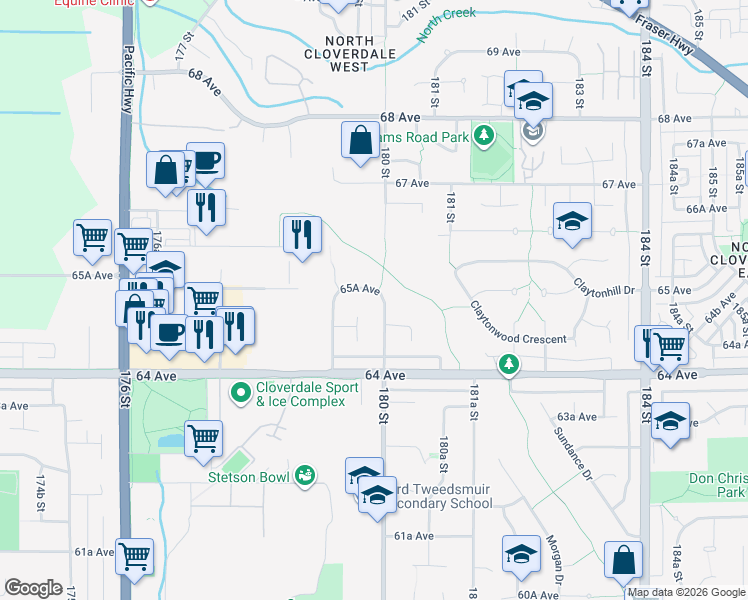 map of restaurants, bars, coffee shops, grocery stores, and more near 6527 180 Street in Surrey